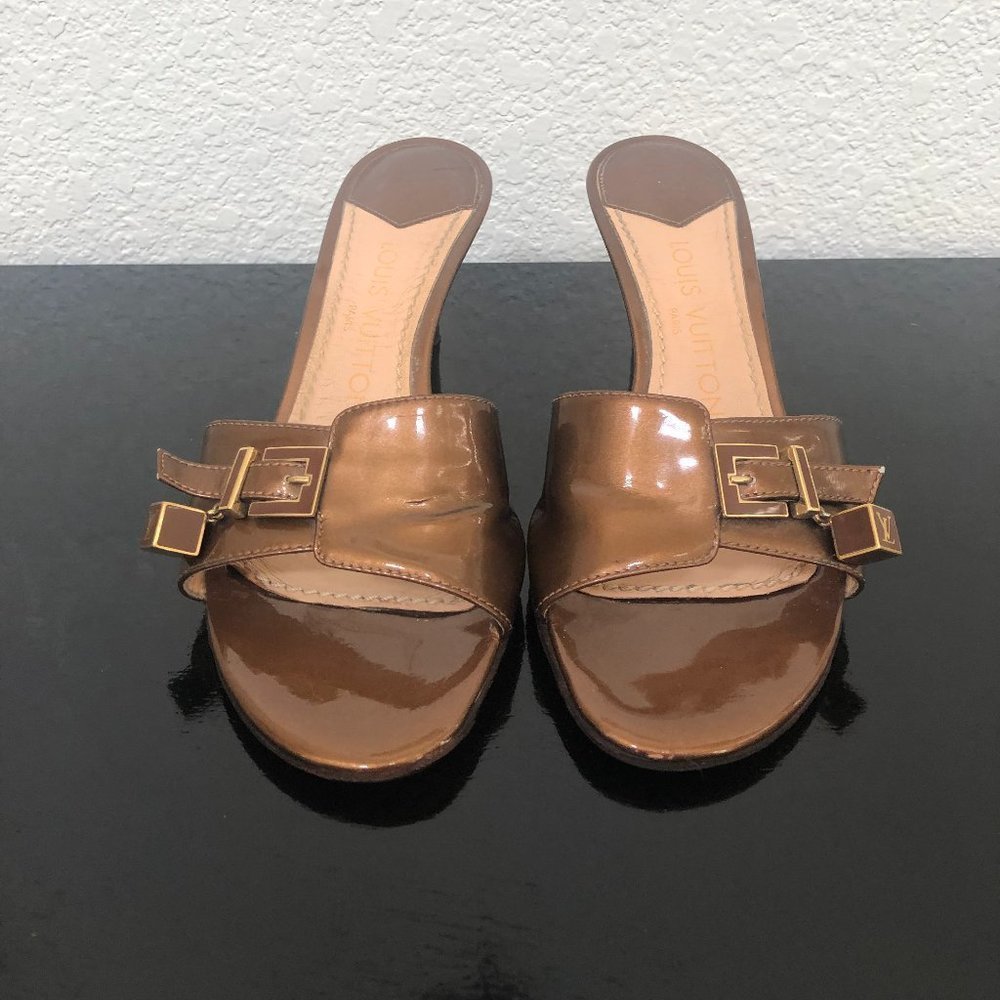 Louis Vuitton Bronze Patent Leather Vernice Mule Slides 37